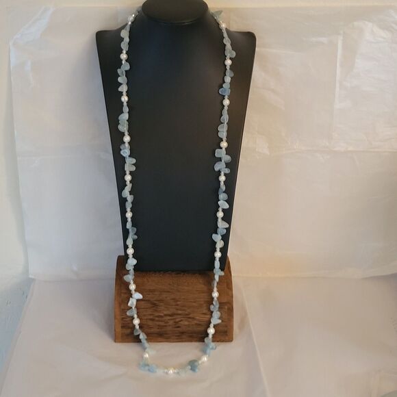 Natural Aquamarine Chips and Pearl Beaded Necklace 36 in. - Picture 5 of 6